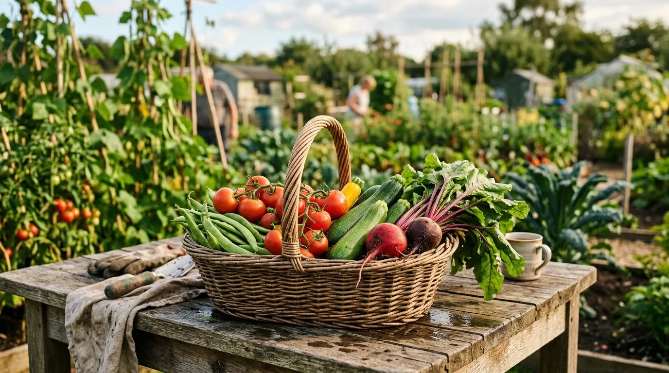 Basket of courgettes beans tomatoes and root vegetables harvested from a UK garden