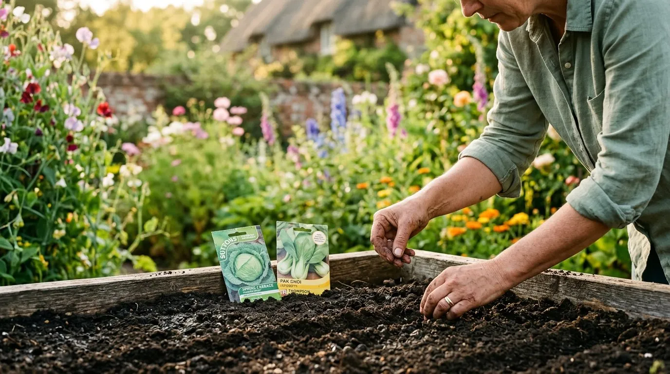 Hands sowing small seeds into a prepared garden drill in late summer
