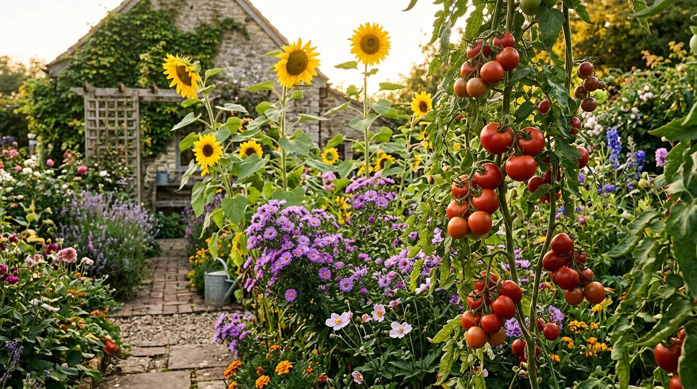 UK garden in August with ripe tomatoes sunflowers and aster flowers