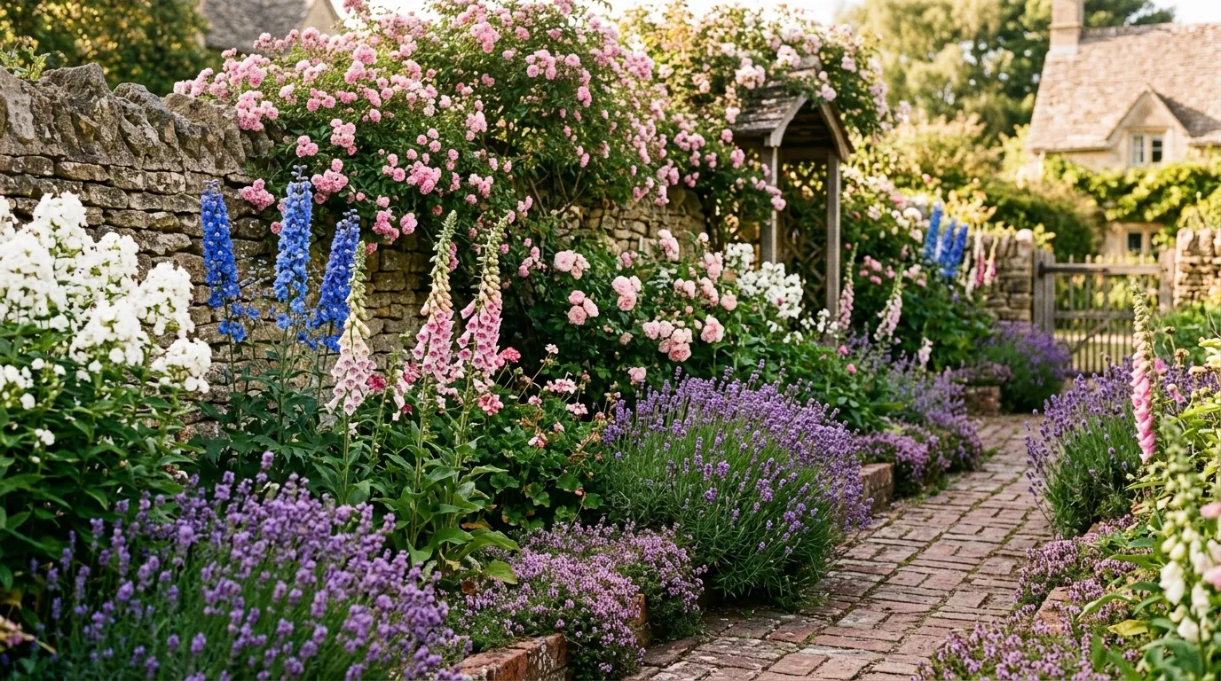 Plant combinations for UK borders with cottage style border showing roses, delphiniums, and geraniums in a traditional English garden setting