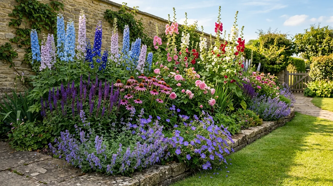 Best plant combinations UK borders showing height layering with delphiniums at the back, salvias in the middle, and geraniums spilling at the front of a sunny English garden border