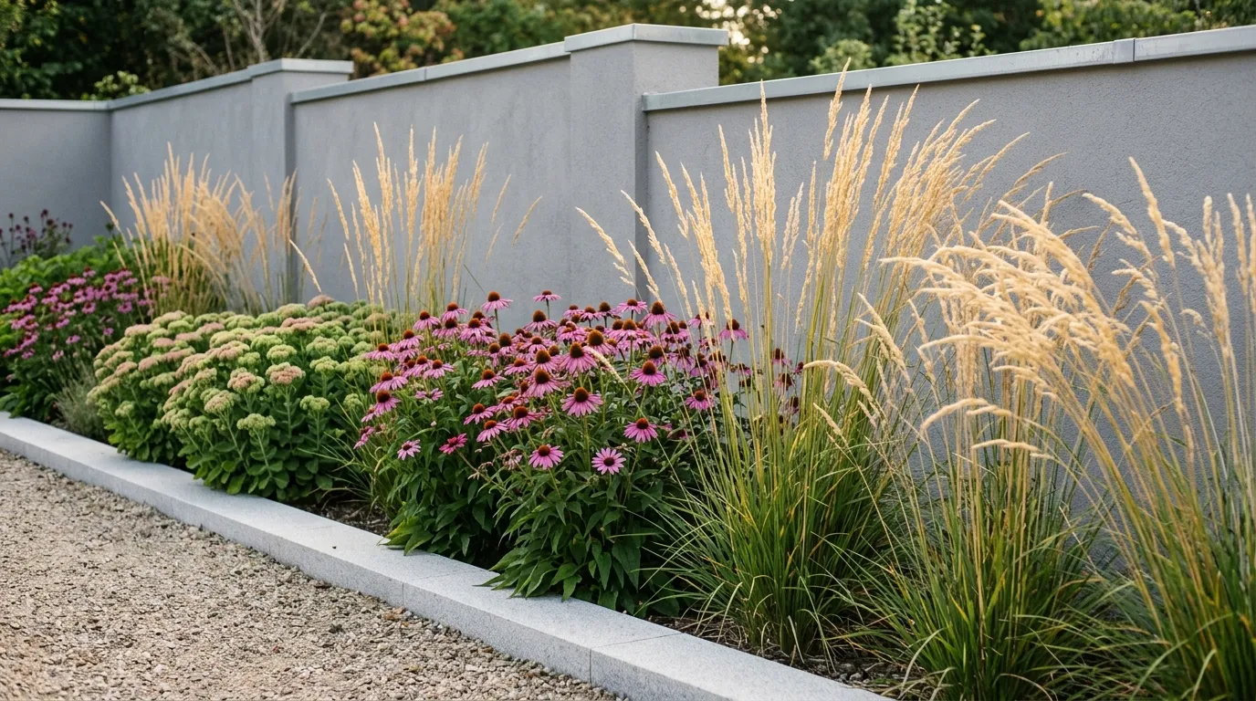 Plant combinations for UK borders showing a modern minimalist border with ornamental grasses and Echinacea