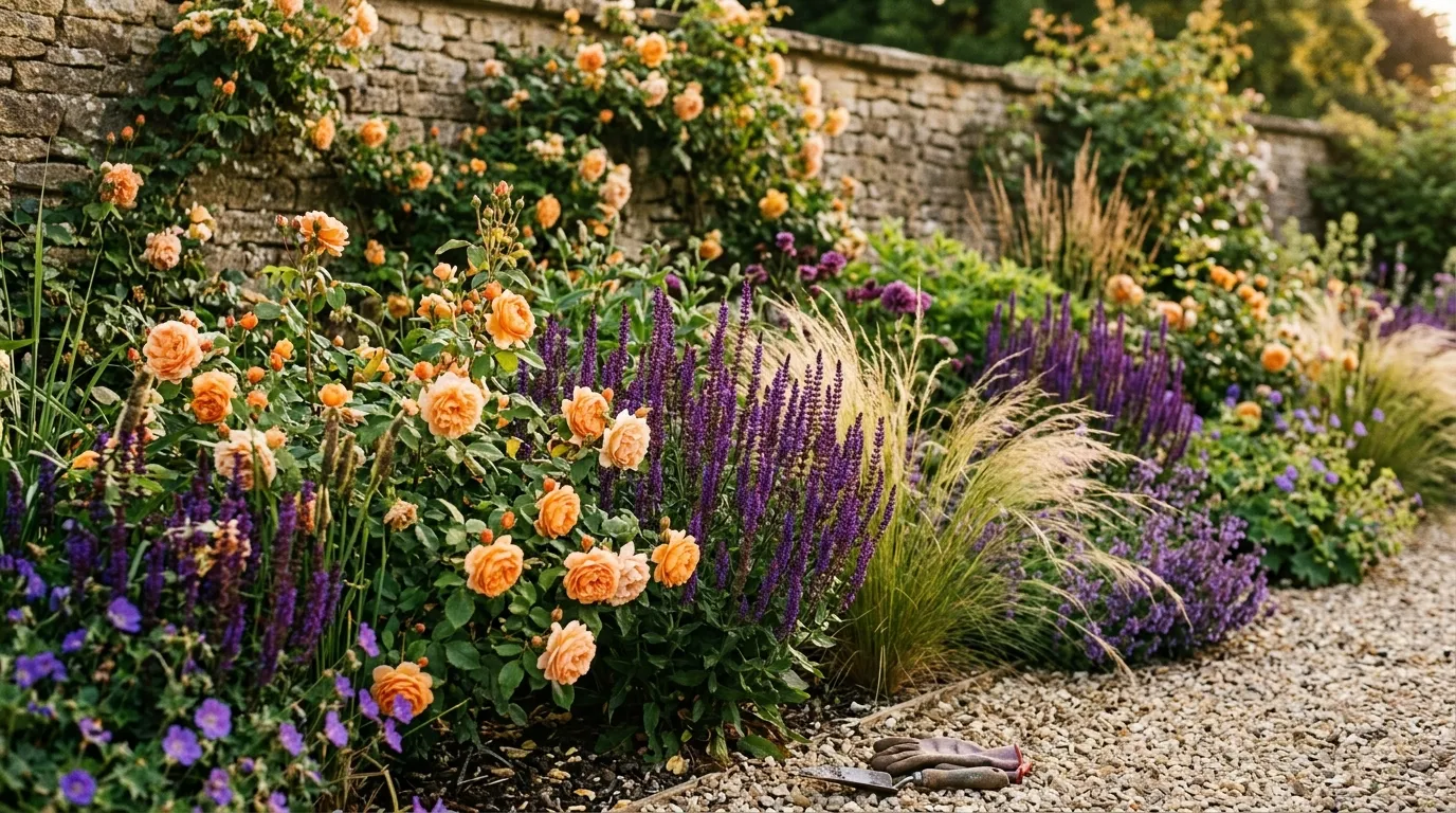 Best plant combinations for sunny UK borders featuring roses, salvia, and ornamental grasses in a south-facing garden border