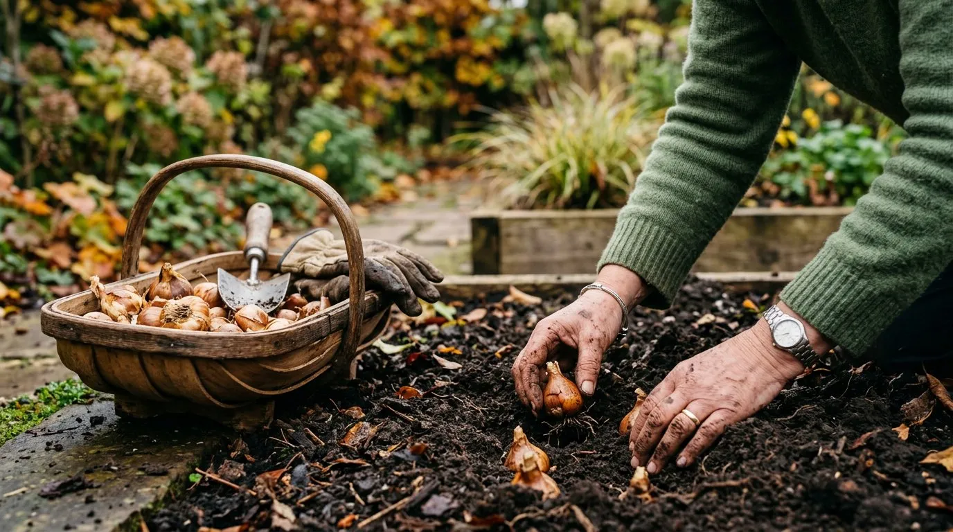 Planting daffodil bulbs by hand into rich dark soil in an autumn UK garden with a trug of bulbs nearby