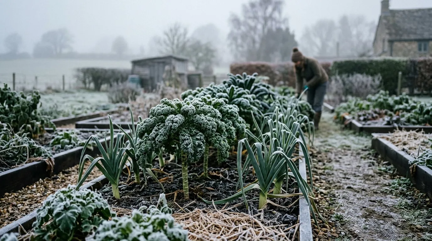 Frost-covered kale and leeks in a December winter garden