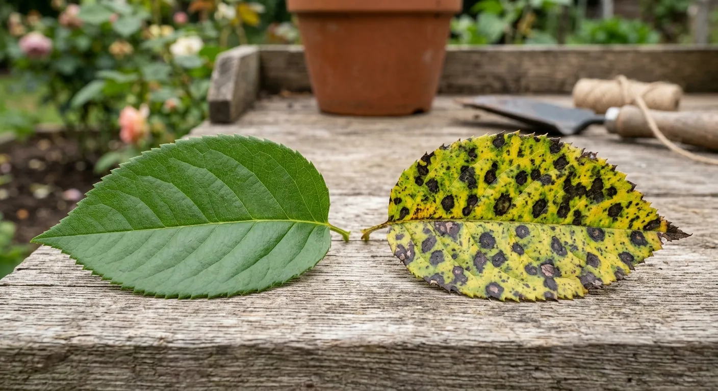Garden plant diseases UK comparison of healthy versus diseased rose leaves