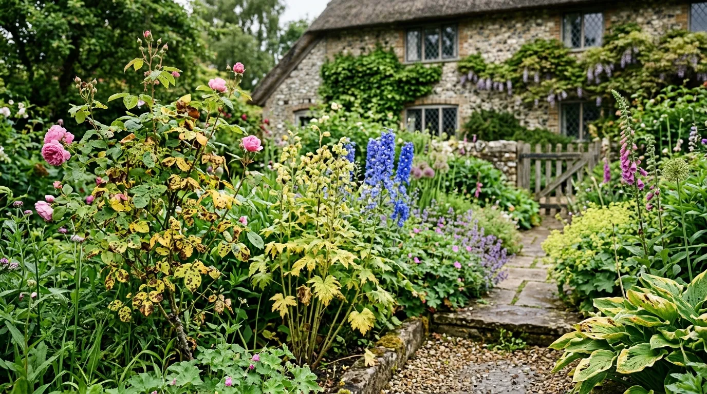 Common garden plant diseases UK identification showing fungal leaf spots and blight symptoms on roses and tomatoes
