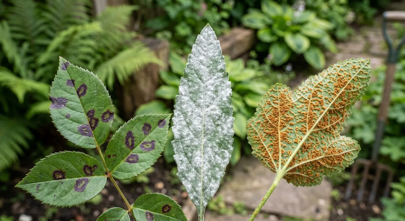 Garden plant diseases UK identification showing common fungal symptoms on leaves