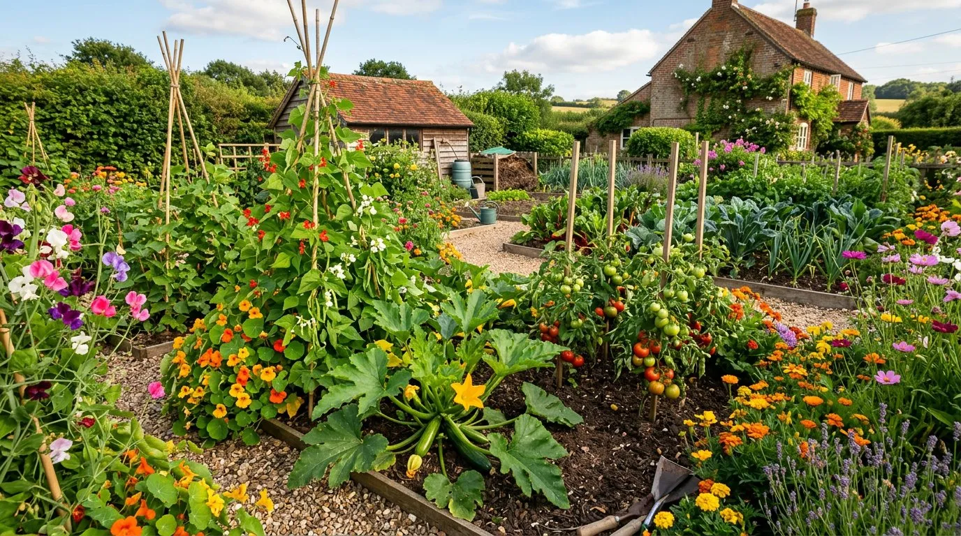 Productive UK vegetable garden in July with vegetables and flowers growing