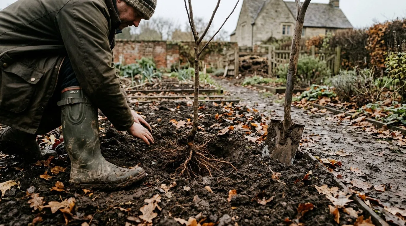 Bare-root fruit trees being planted in a November garden with fallen leaves