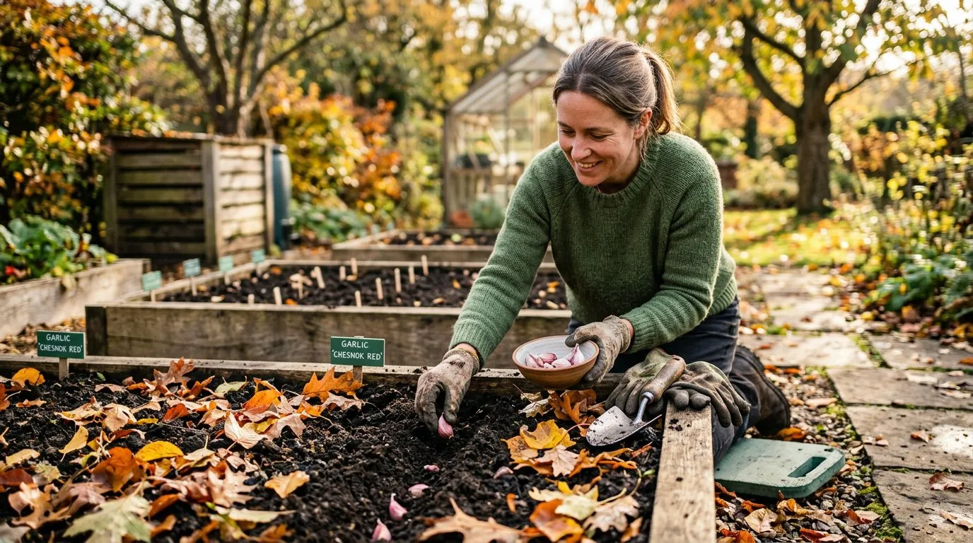 Garlic cloves being planted in a raised bed surrounded by autumn leaves