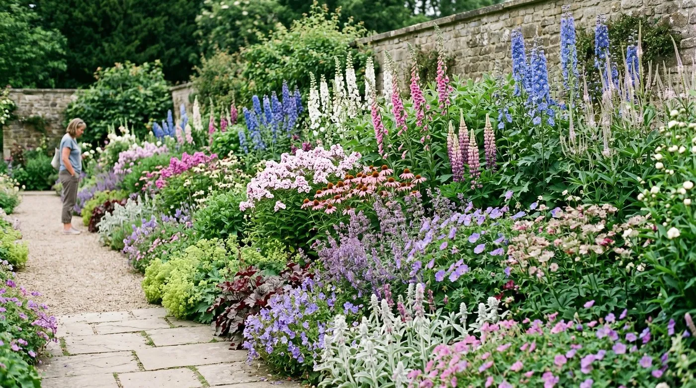 A UK border layered correctly with tall plants at the back, mid-height in the middle and low plants at the front edge