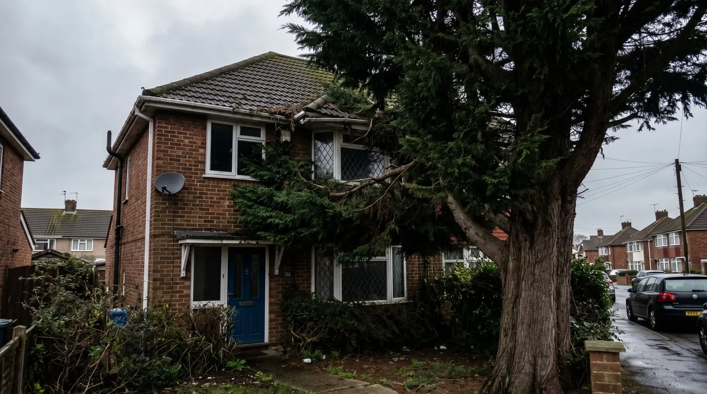 An oversized conifer crowding a house window in a UK front garden, planted without allowing for its mature size