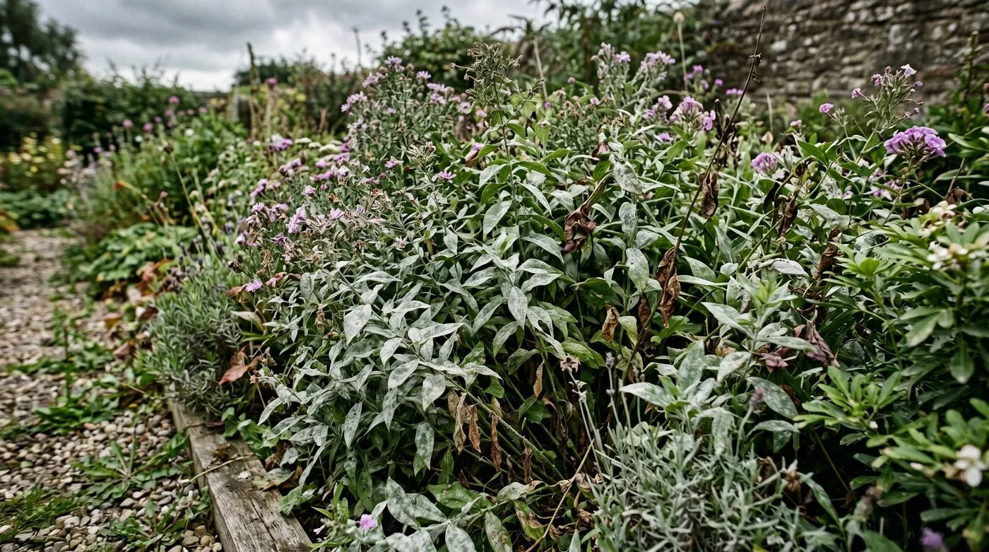 An overcrowded UK border where young shrubs and perennials are planted too close and competing for light