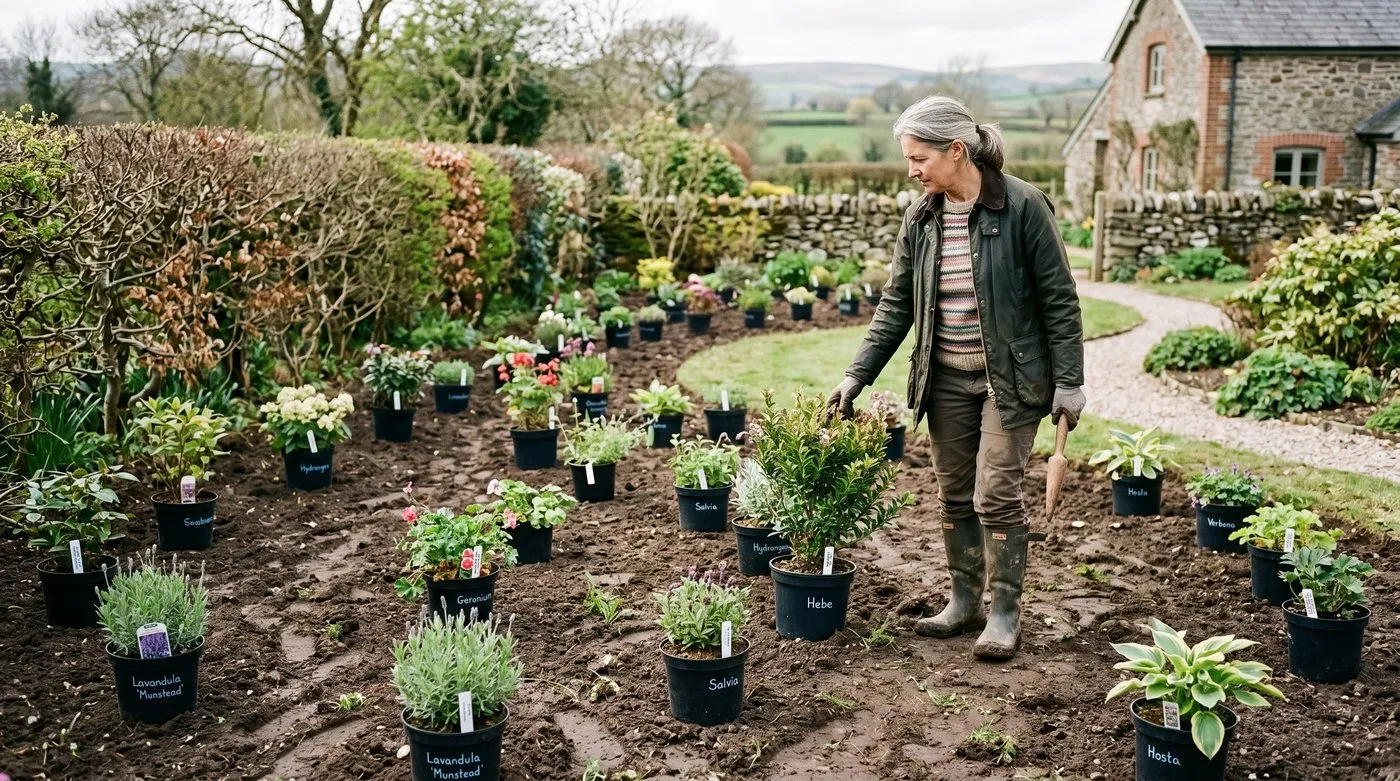 A gardener laying out plants in their pots on a border to plan spacing before planting in a UK garden