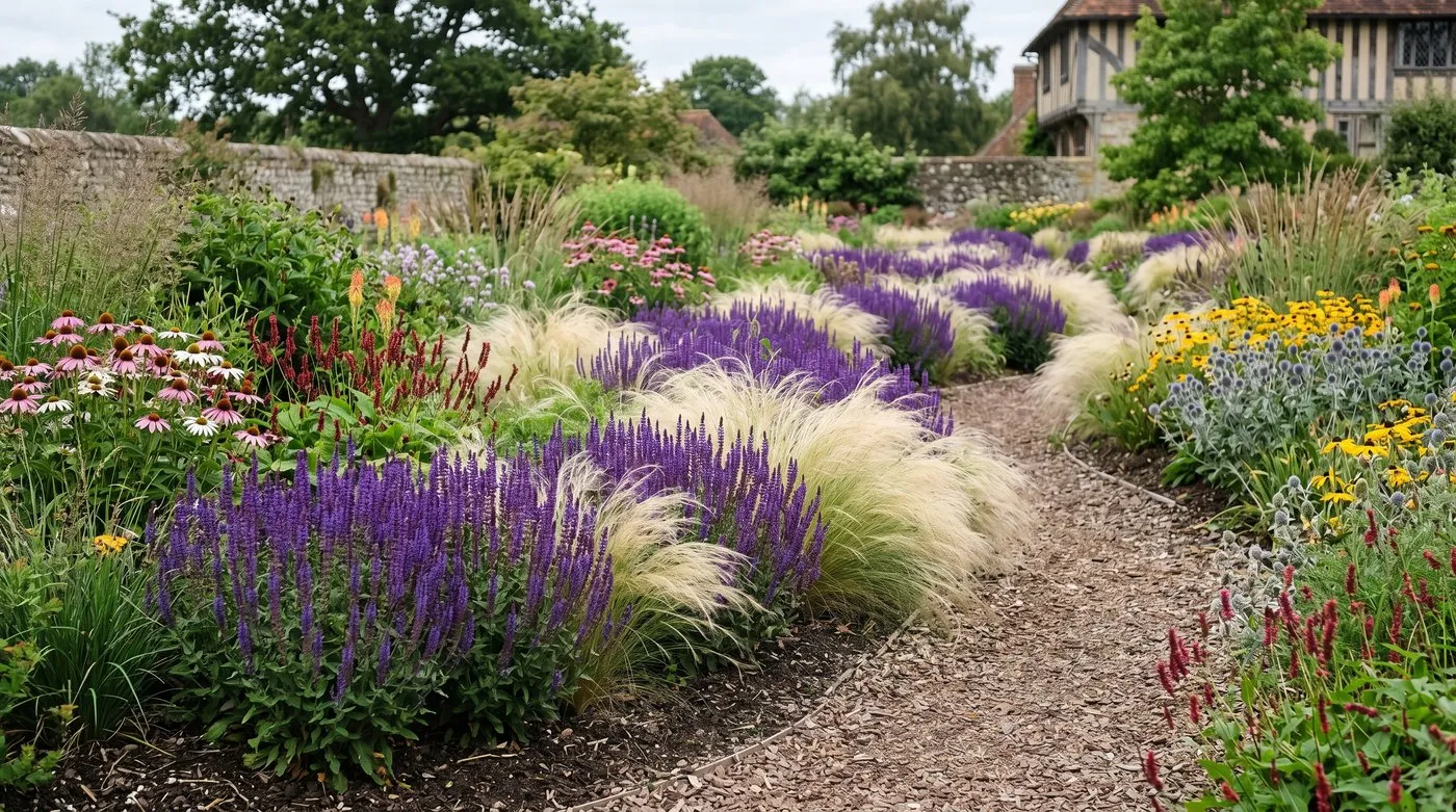 A UK border with the same salvia and ornamental grass repeated in drifts weaving through the planting