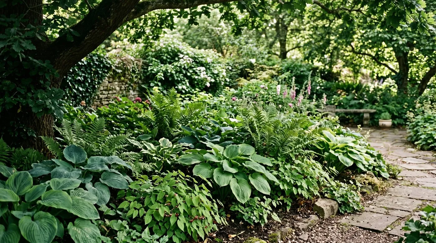 A shady UK border thriving with hostas, ferns and other plants matched to the low-light conditions