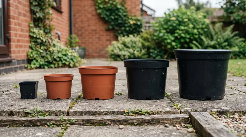 Plant pot sizes lined up on a Midlands patio, from a 9cm module through 2L, 5L and 10L nursery pots to a 25L specimen pot