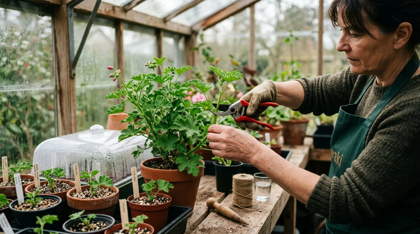 Taking stem cuttings from plants on a greenhouse bench