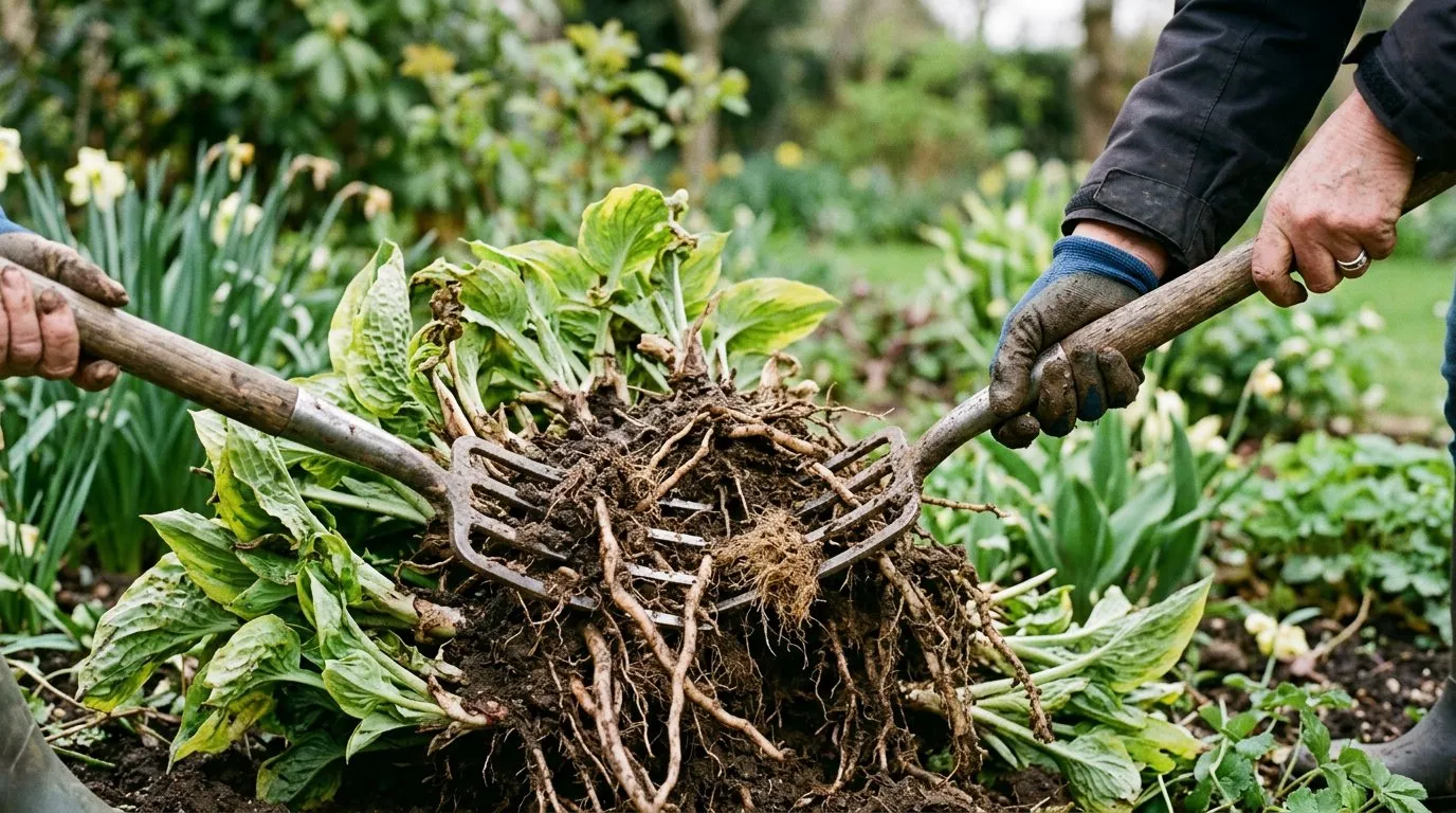 Plant propagation by division: splitting a large hosta clump into sections using two garden forks placed back to back