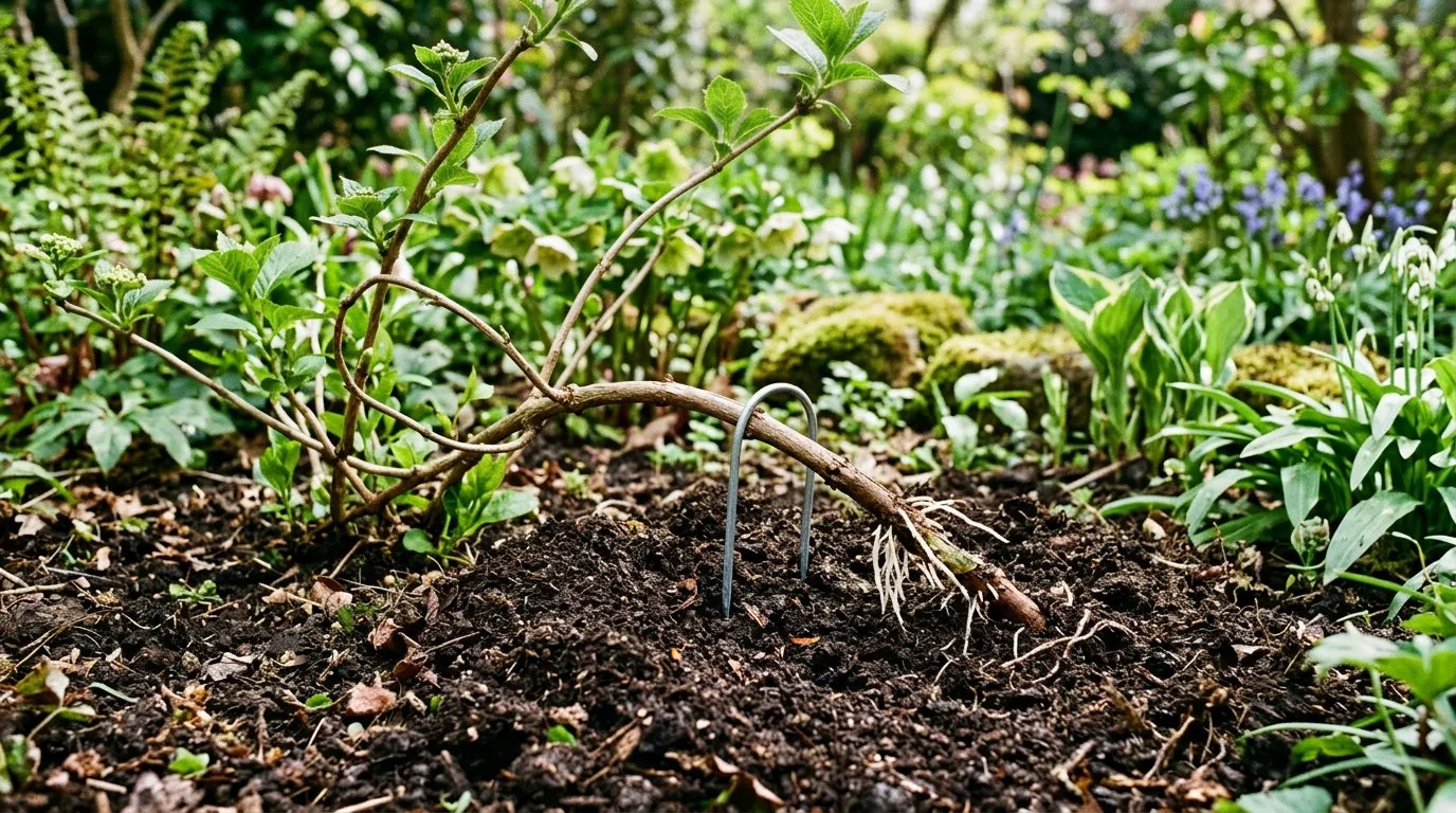 Plant propagation by layering a shrub stem into the ground with a wire pin holding it in place