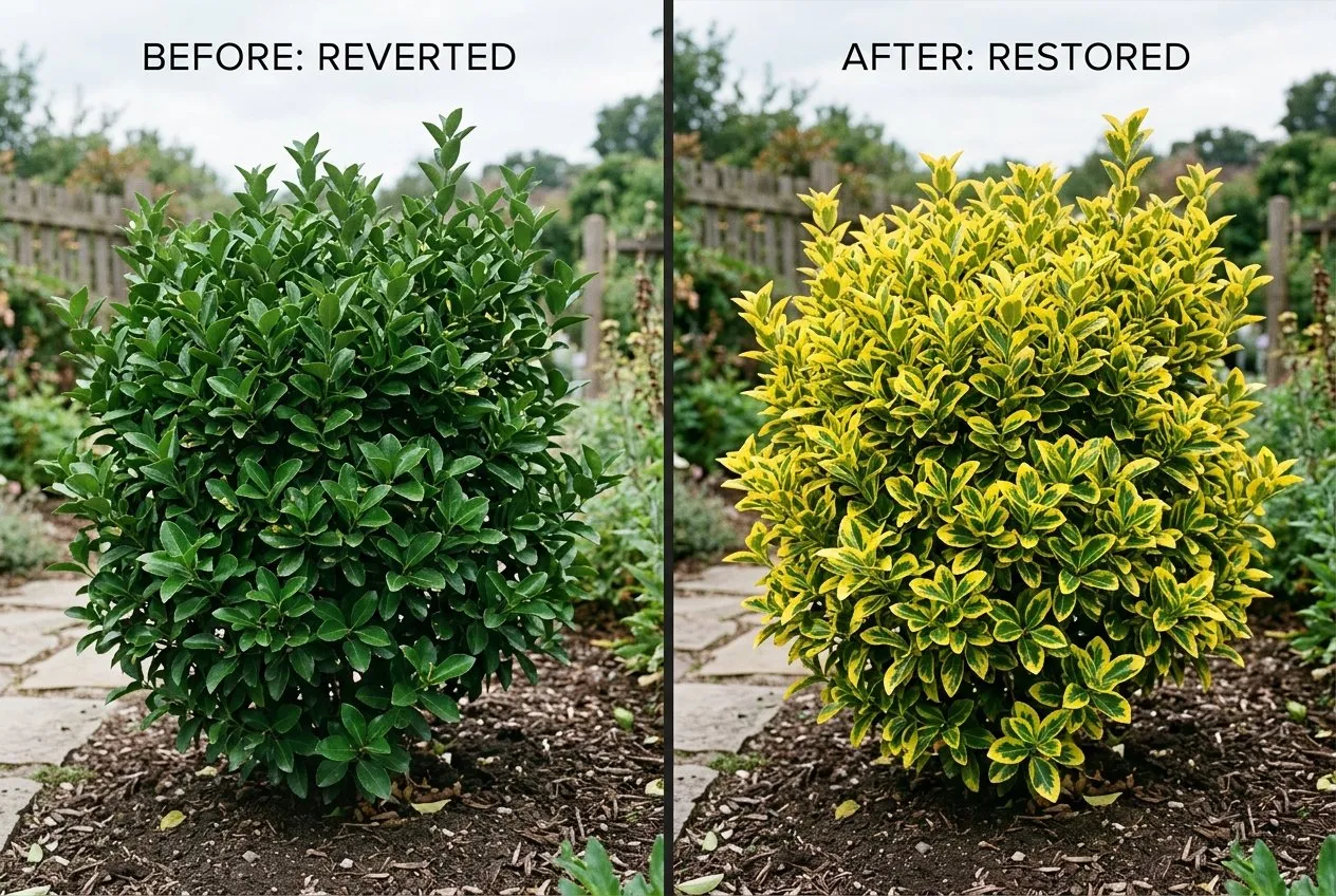 Before and after of a variegated euonymus, one half greened by reversion, the other cleaned to bright gold variegation