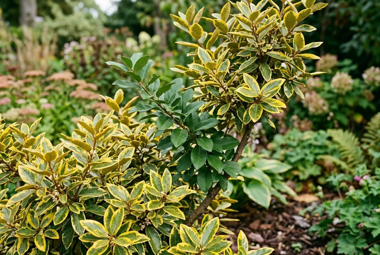 A variegated Elaeagnus shrub with bright gold-edged leaves and a green reverting branch in a UK garden border