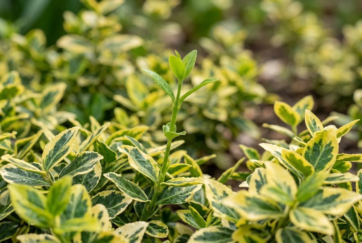 Close-up of a single plain green shoot emerging from gold and green variegated euonymus foliage