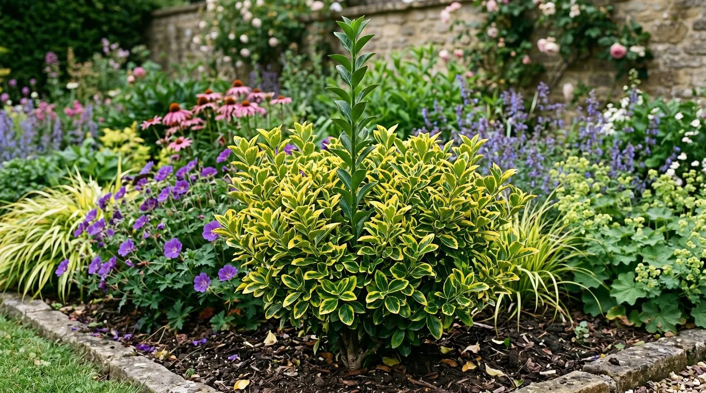 A variegated gold euonymus shrub with a vigorous tall all-green reverted shoot rising from the centre