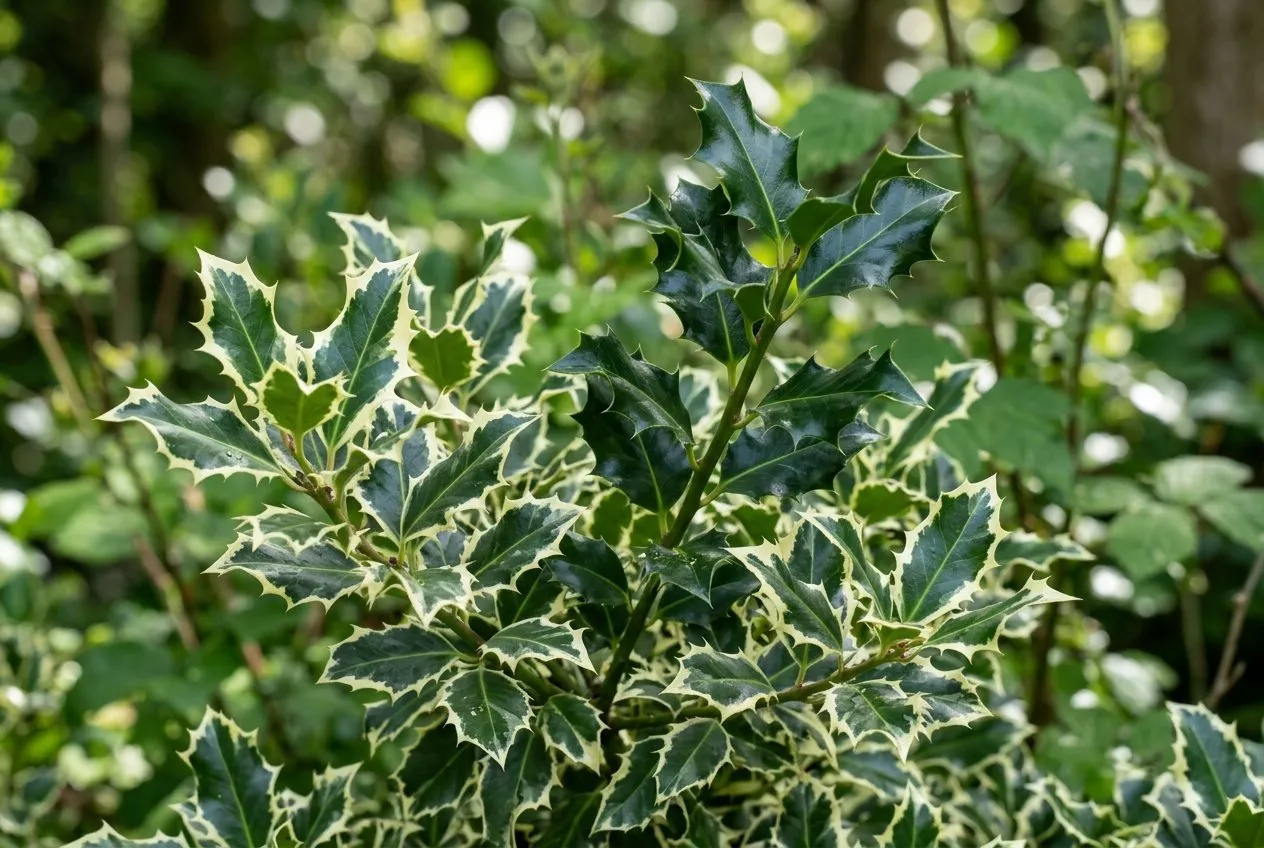Variegated cream-edged holly leaves with a plain dark green reverted shoot growing through them