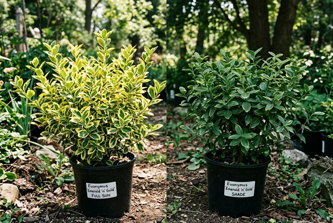 Two variegated plants side by side, one bright and well-marked in sun, one greener and faded in shade