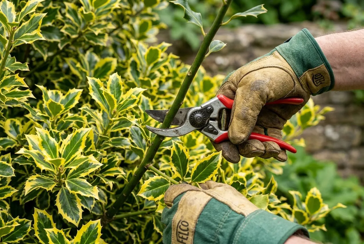 A gloved hand using secateurs to cut out a green reverted shoot from a variegated shrub, close detail