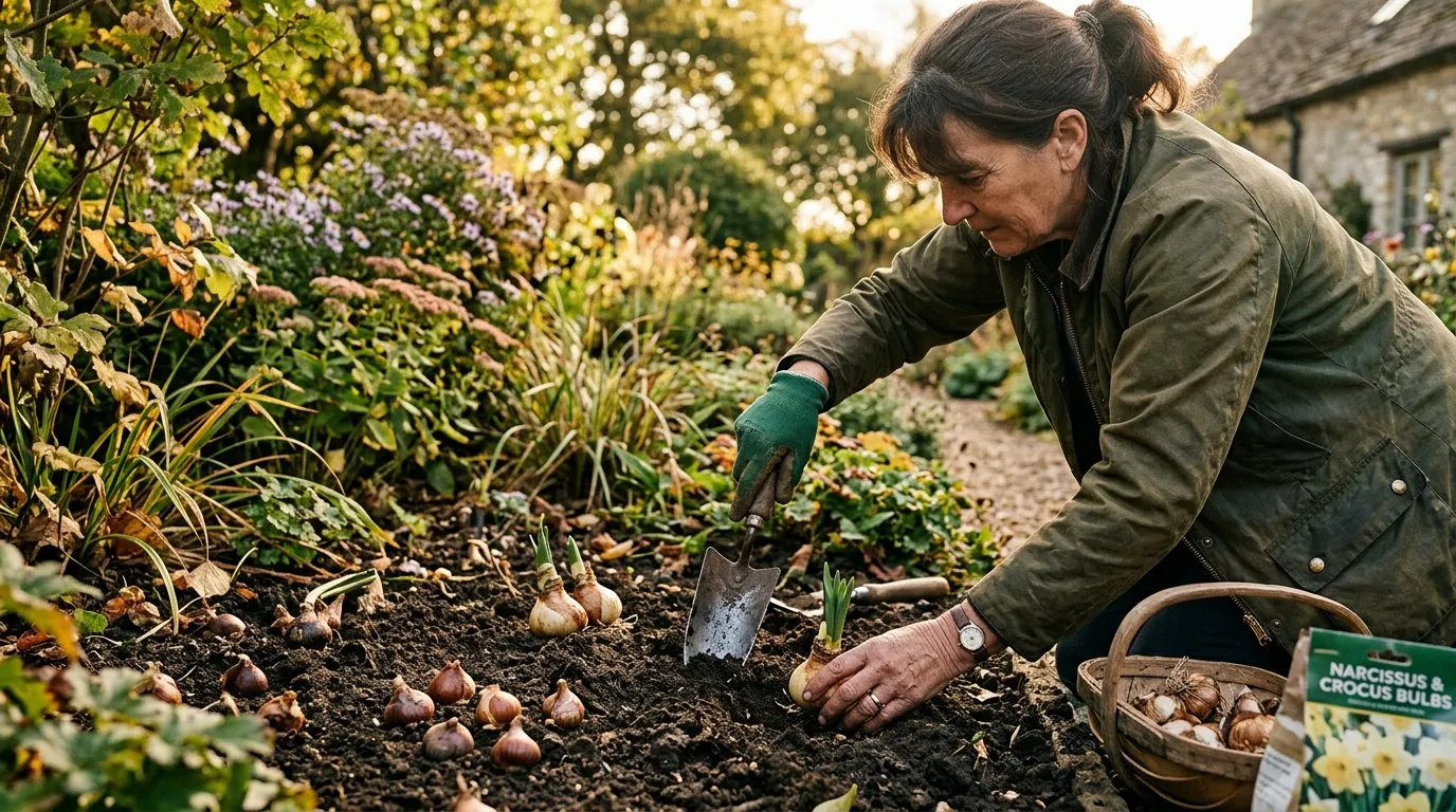 Autumn bulbs being planted in a garden border with trowel and bulbs visible