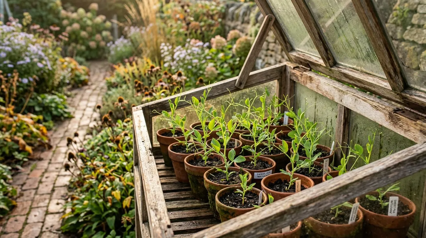 Autumn-sown sweet peas growing in terracotta pots inside a wooden cold frame in an English cottage garden