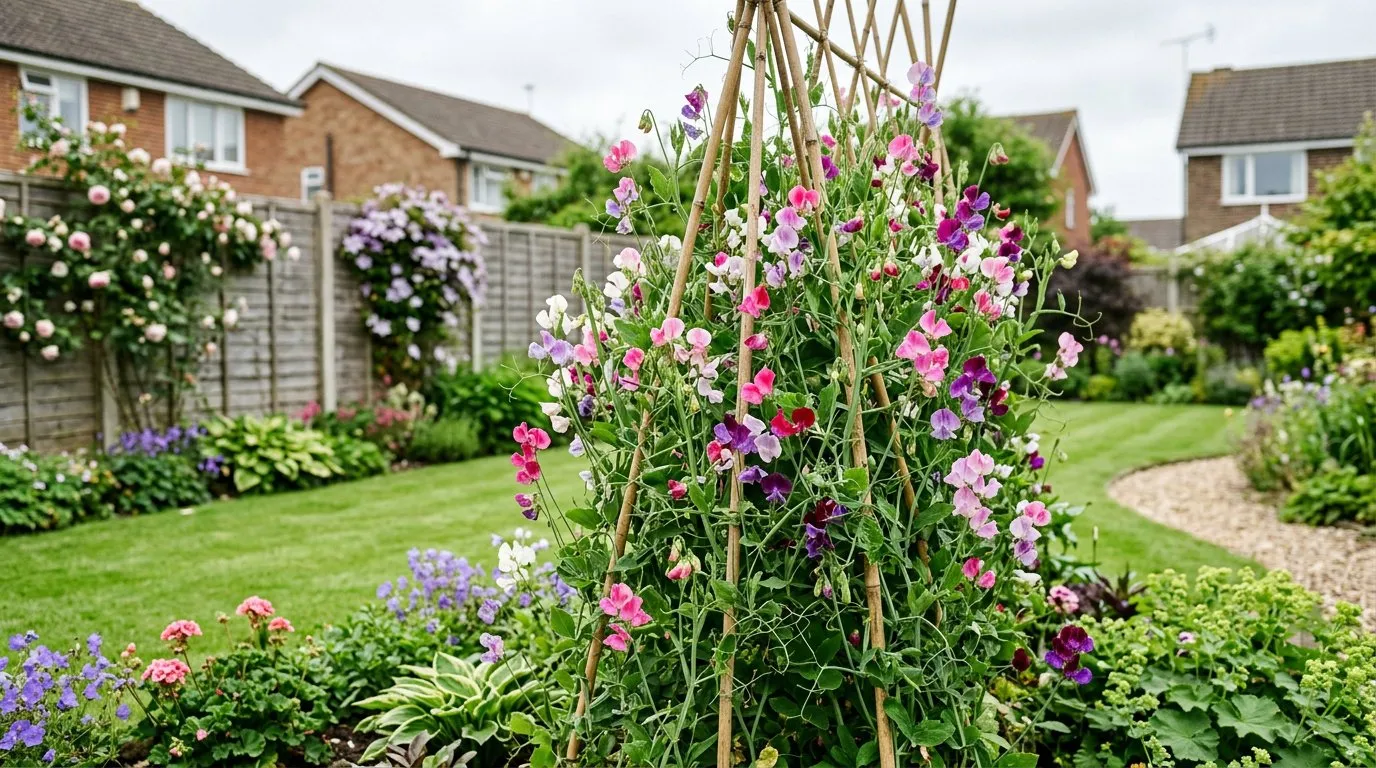 Mixed pink and purple sweet peas flowering on a bamboo cane wigwam in a suburban UK garden