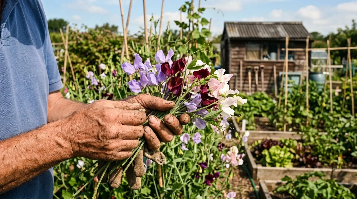 Gardener picking fresh sweet peas in lavender, maroon and pink at a traditional English allotment