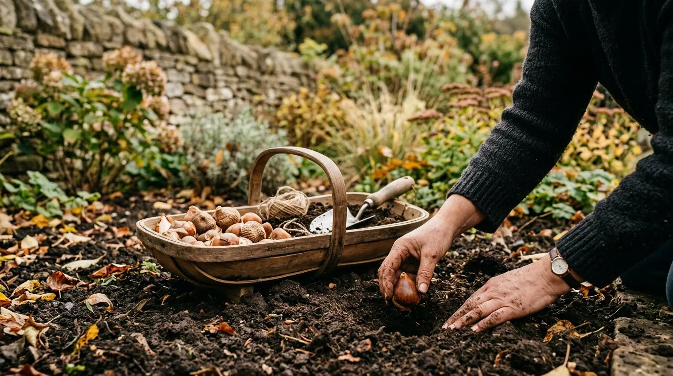 Planting tulip bulbs by hand in rich autumn soil with a trug basket of mixed tulip bulbs in an English cottage garden