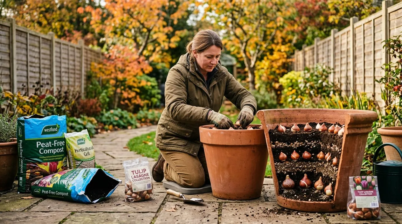 Lasagne planting tulip bulbs in terracotta pots on a suburban patio with compost and grit nearby