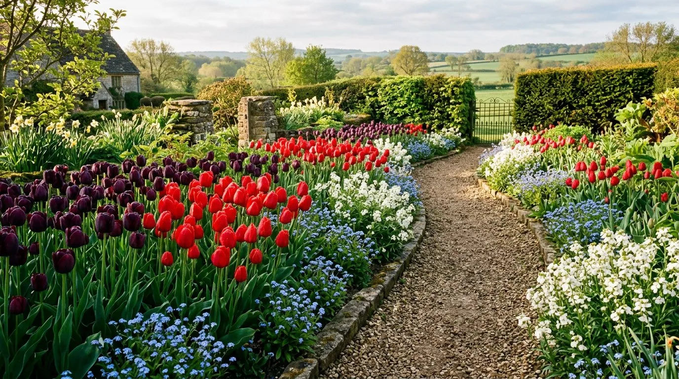 Blocks of purple and red tulip bulbs in full spring bloom with forget-me-nots along a gravel path in a rural English garden