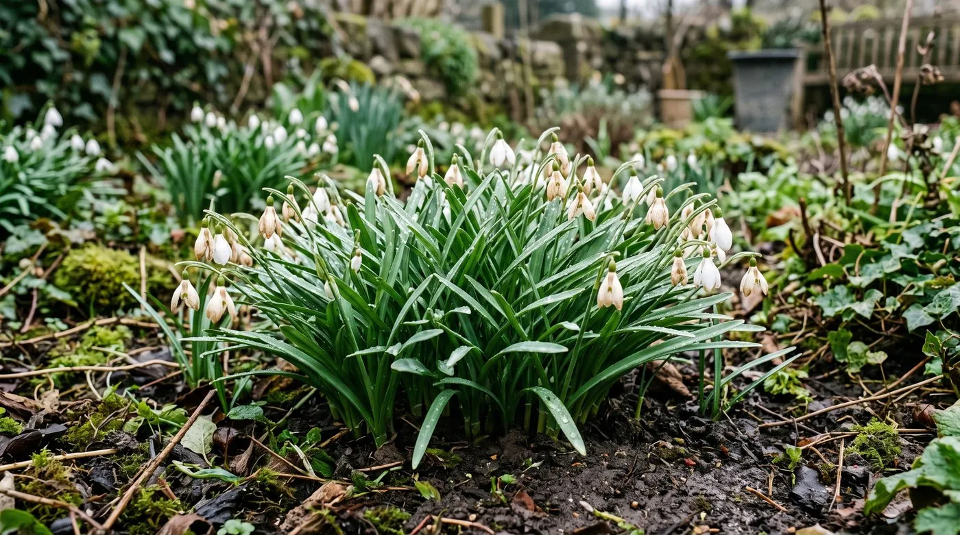 Flowering clump of snowdrops in full leaf ready to be lifted and divided in a Staffordshire garden
