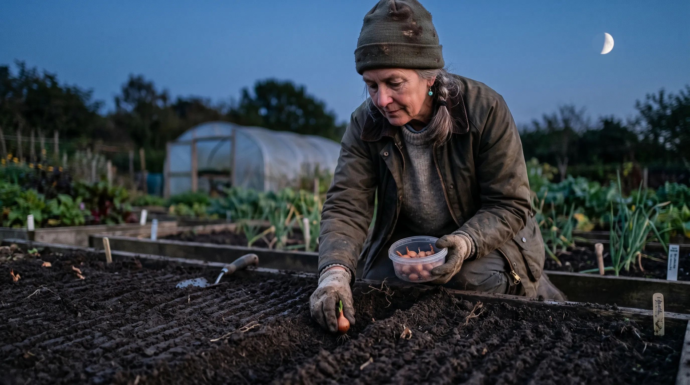 UK gardener planting onion sets into freshly raked soil at twilight under a waning crescent moon visible in the deep blue sky