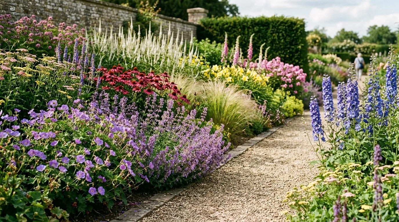 UK herbaceous border showing classic drift planting with groups of perennials in odd numbers