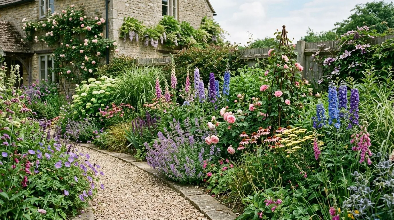 Successfully completed UK garden border two years after planting plan implementation in full bloom
