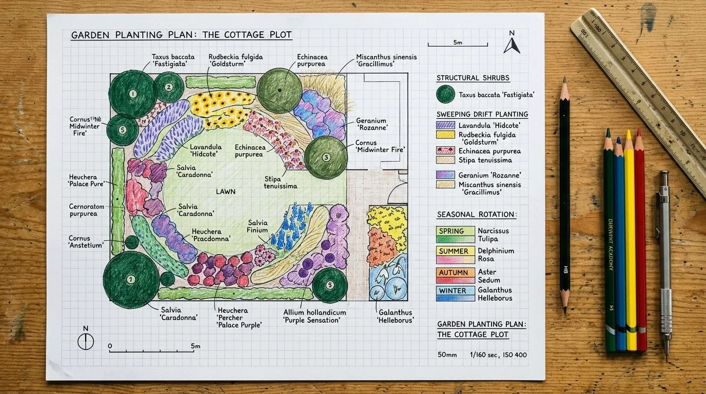 UK planting plan hand-drawn on graph paper with structural shrubs and drift planting