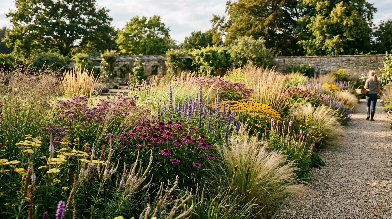 UK garden border showing Piet Oudolf-style matrix planting with grasses and perennials