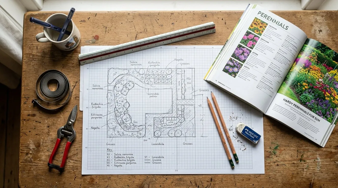 UK planting plan tools spread on a desk - graph paper, scale ruler, soft pencils, plant catalogue