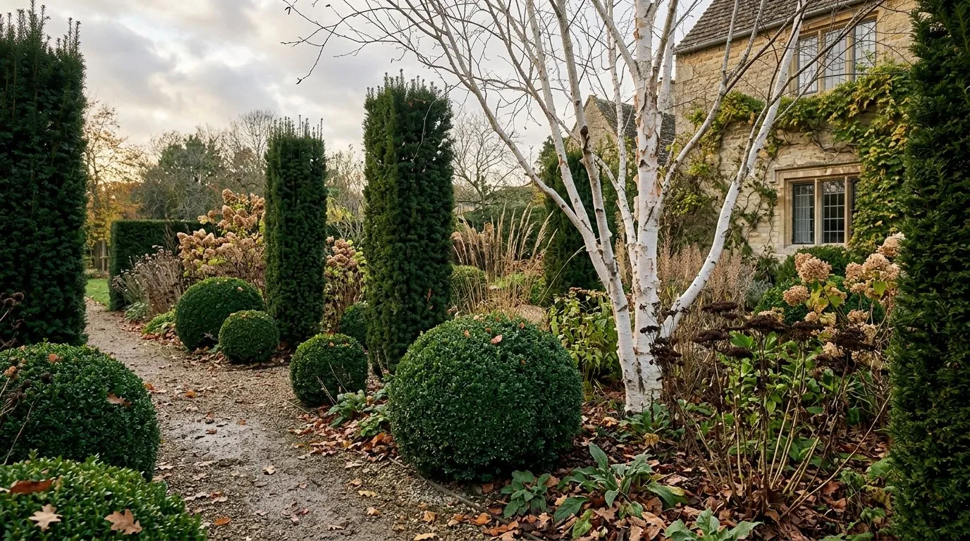 UK garden border with strong structural planting - clipped box balls, multi-stem birch, yew columns
