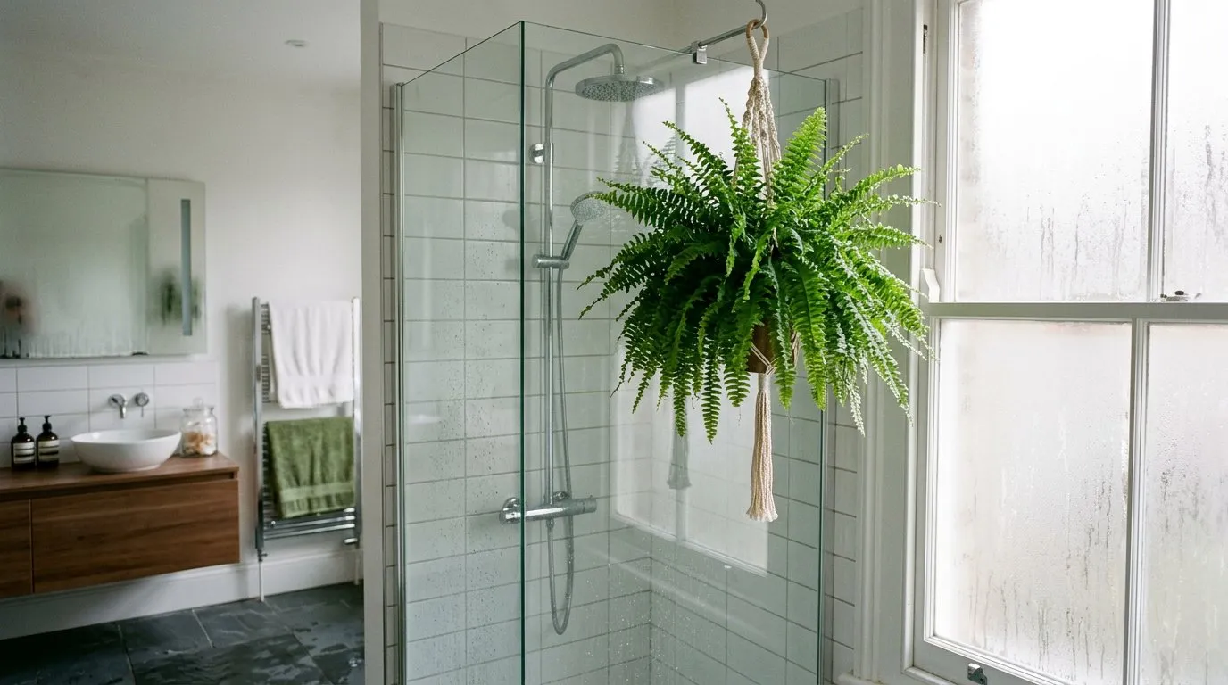 Bathroom plants Boston fern hanging above a shower in a bright UK bathroom