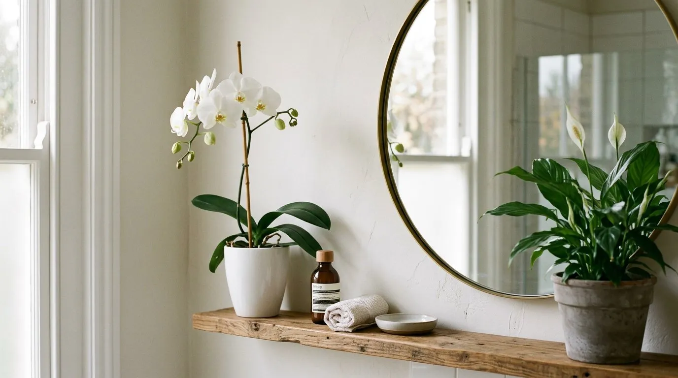 Bathroom plants orchid and peace lily on a wooden shelf in a UK home