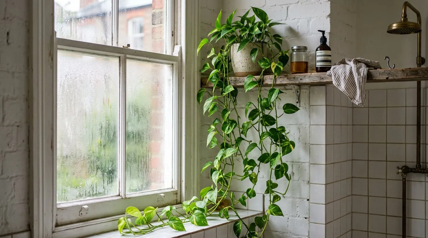 Bathroom plants trailing pothos cascading from a high shelf beside a frosted window
